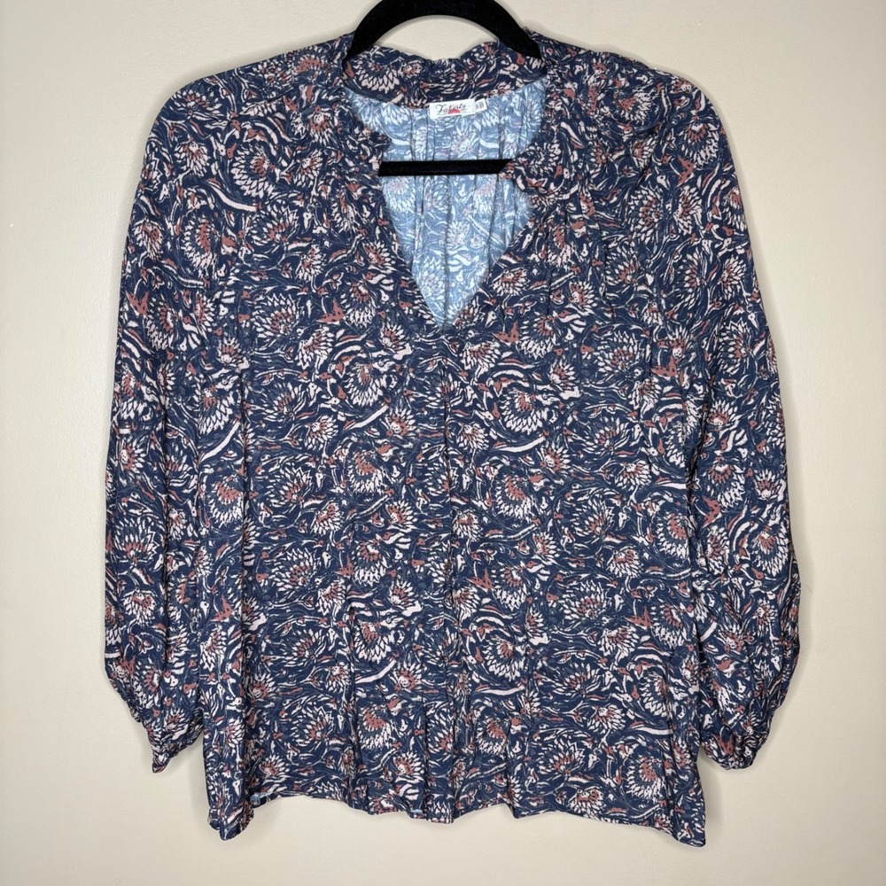 Faherty Portia Top Size S Artisan Block Print Relaxed Flowy Shirt Vneck Ruffles